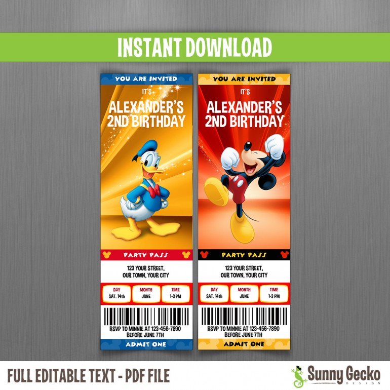Mickey Mouse and Donald Birthday Ticket Invitations